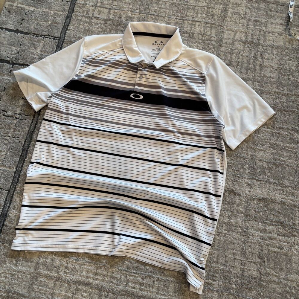 Oakley O Hydrolix Mens Golf Polo Shirt XL White Gray Striped Short Sleeve